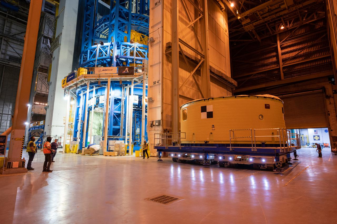 This image shows the forward skirt that will be used on the core stage of NASA’s Space Launch System rocket for Artemis II, the first crewed mission of NASA’s Artemis program, at NASA’s Michoud Assembly Facility. The SLS core stage is made up of five unique elements: the forward skirt, liquid oxygen tank, intertank, liquid hydrogen tank, and the engine section. The forward skirt houses flight computers, cameras, and avionics systems. The hardware is located at the top of the 212-foot-tall core stage and connects the upper part of the rocket to the core stage. Soon, technicians will ready the forward skirt for the first of three core stage assembly mates called the forward join. The forward join consists of three main parts -- the forward skirt, liquid oxygen tank, and intertank – to create the top, or forward part, of the core stage. Together with its four RS-25 engines, the rocket’s massive 212-foot-tall core stage — the largest stage NASA has ever built — and its twin solid rocket boosters will produce 8.8 million pounds of thrust to send NASA’s Orion spacecraft, astronauts and supplies beyond Earth’s orbit to the Moon and, ultimately, Mars. Offering more payload mass, volume capability and energy to speed missions through space, the SLS rocket, along with NASA’s Gateway in lunar orbit, the Human Landing System, and Orion spacecraft, is part of NASA’s backbone for deep space exploration and the Artemis lunar program. No other rocket is capable of carrying astronauts in Orion around the Moon in a single mission.